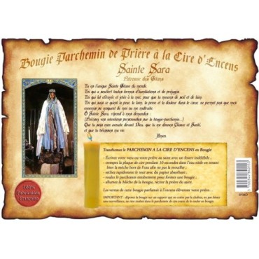 Parchemin priere de cire a l encens H. 14 cm avec image papier.