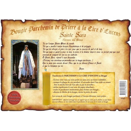 Parchemin priere de cire a l encens H. 14 cm avec image papier.