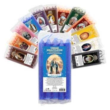 Lot de 5 petites bougies de priere teintees dans la masse representant differents saints. Hauteur : 15 cm, Diametre : 1,5 cm..