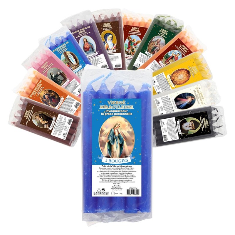 Lot de 5 petites bougies de priere teintees dans la masse representant differents saints. Hauteur : 15 cm, Diametre : 1,5 cm..