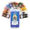 Lot de 5 petites bougies de priere teintees dans la masse representant differents saints. Hauteur : 15 cm, Diametre : 1,5 cm..