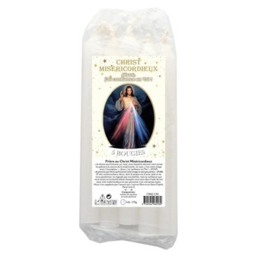 Lot de 5 petites bougies de priere teintees dans la masse representant differents saints. Hauteur : 15 cm, Diametre : 1,5 cm..