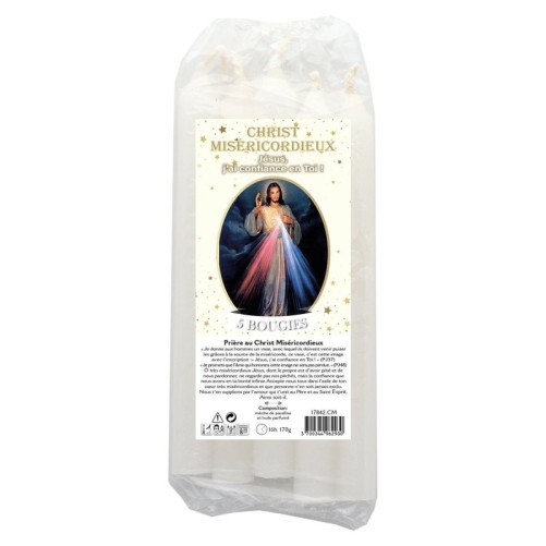 Lot de 5 petites bougies de priere teintees dans la masse representant differents saints. Hauteur : 15 cm, Diametre : 1,5 cm..