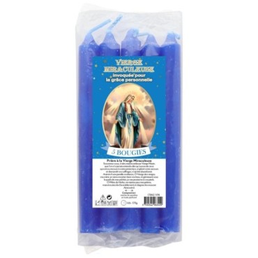 Lot de 5 petites bougies de priere teintees dans la masse representant differents saints. Hauteur : 15 cm, Diametre : 1,5 cm..