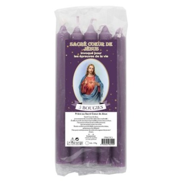 Lot de 5 petites bougies de priere teintees dans la masse representant differents saints. Hauteur : 15 cm, Diametre : 1,5 cm..