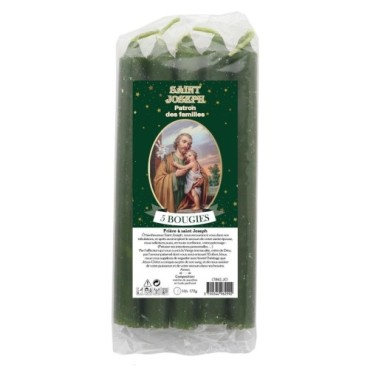 Lot de 5 petites bougies de priere teintees dans la masse representant differents saints. Hauteur : 15 cm, Diametre : 1,5 cm..