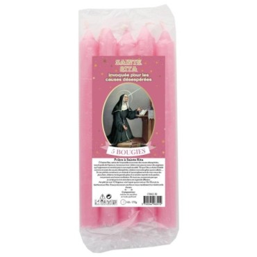 Lot de 5 petites bougies de priere teintees dans la masse representant differents saints. Hauteur : 15 cm, Diametre : 1,5 cm..