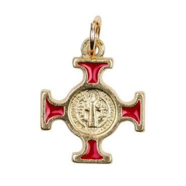 Croix de cou de saint Benoit en métal couleur dorée émaillé, hauteur 2 cm.