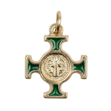 Croix de cou de saint Benoit en métal couleur dorée émaillé, hauteur 2 cm.