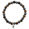 Bracelet sur elastique en hematite et pierre naturelle ou synthetique Ø 7 mm avec croix..