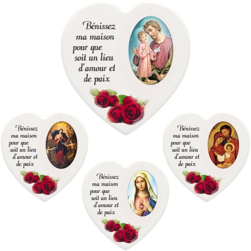 Magnet en bois avec prière forme coeur H 5 cm. Disponible avec différents Saints.