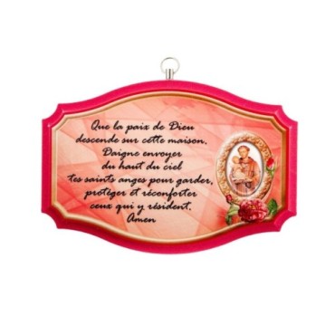 Plaque de porte en bois avec bénediction de la maison H. 10,5 x 15,5 cm avec résine, plusieurs saints..