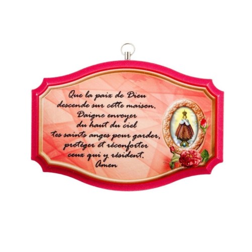 Plaque de porte en bois avec bénediction de la maison H. 10,5 x 15,5 cm avec résine, plusieurs saints.