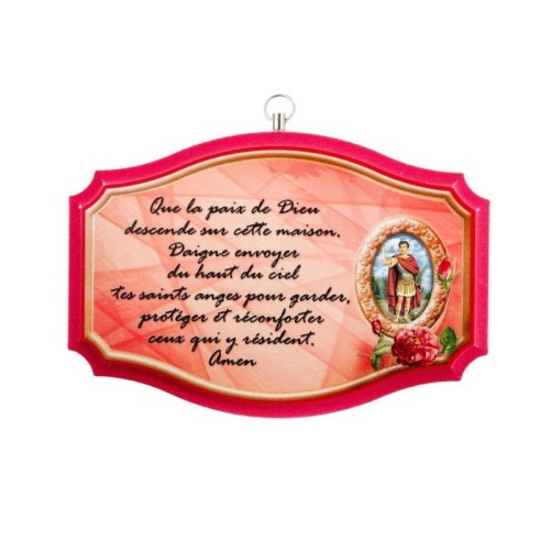 Plaque de porte en bois avec bénediction de la maison H. 10,5 x 15,5 cm avec résine, plusieurs saints.