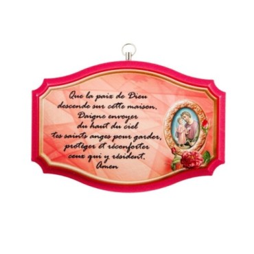 Plaque de porte en bois avec bénediction de la maison H. 10,5 x 15,5 cm avec résine, plusieurs saints..