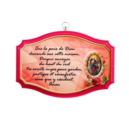 Plaque de porte en bois avec bénediction de la maison H. 10,5 x 15,5 cm avec résine, plusieurs saints.