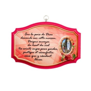 Plaque de porte en bois avec bénediction de la maison H. 10,5 x 15,5 cm avec résine, plusieurs saints..