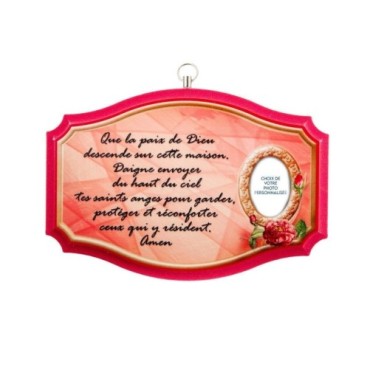 Plaque de porte en bois avec bénediction de la maison H. 10,5 x 15,5 cm avec résine, plusieurs saints..