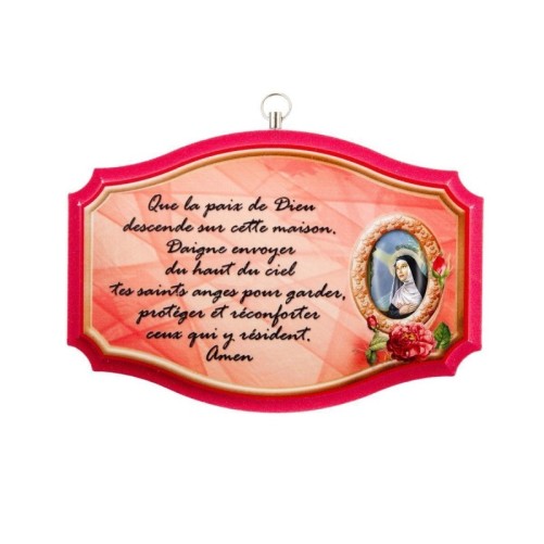 Plaque de porte en bois avec bénediction de la maison H. 10,5 x 15,5 cm avec résine, plusieurs saints.