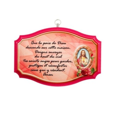 Plaque de porte en bois avec bénediction de la maison H. 10,5 x 15,5 cm avec résine, plusieurs saints..
