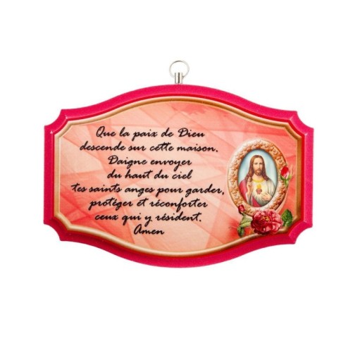 Plaque de porte en bois avec bénediction de la maison H. 10,5 x 15,5 cm avec résine, plusieurs saints.