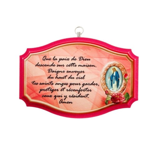 Plaque de porte en bois avec bénediction de la maison H. 10,5 x 15,5 cm avec résine, plusieurs saints.