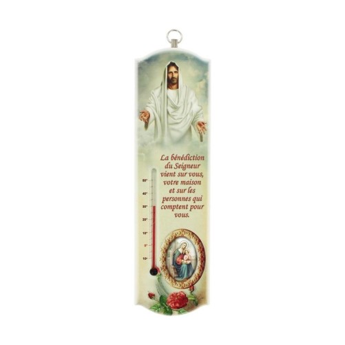 Thermometre d interieur en bois a suspendre H. 20 x 5,5 cm avec Christ et benediction a personnaliser avec une resine
