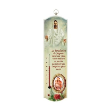 Thermometre d interieur en bois a suspendre H. 20 x 5,5 cm avec Christ et benediction a personnaliser avec une resine