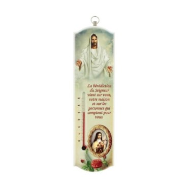 Thermometre d interieur en bois a suspendre H. 20 x 5,5 cm avec Christ et benediction a personnaliser avec une resine