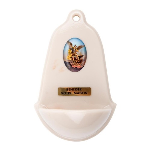 Benitier imitation marbre H. 12,5 x 8 cm avec resine, plusieurs saints..