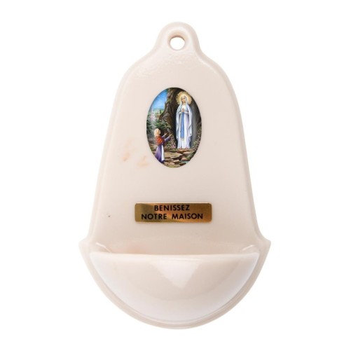 Benitier imitation marbre H. 12,5 x 8 cm avec resine, plusieurs saints..