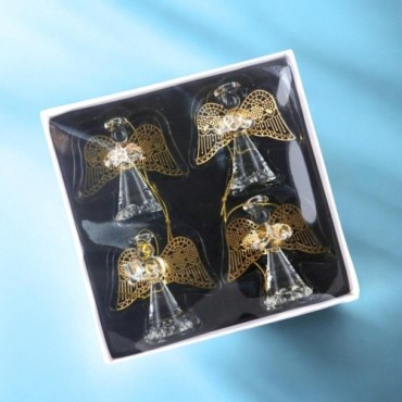 Ange en verre avec ailes dorées ajourées. Hauteur 7,5 cm. Série de 4 anges assortis.