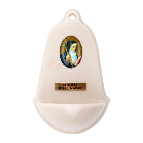 Benitier imitation marbre H. 12,5 x 8 cm avec resine, plusieurs saints..