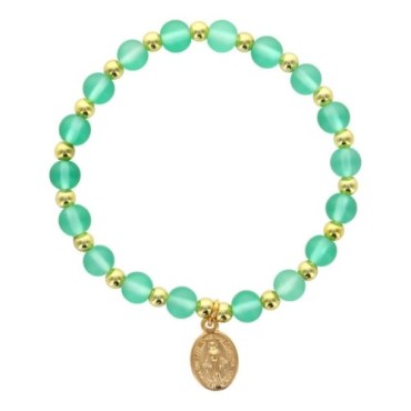 Bracelet sur élastique grains rond en verre Ø 6 mm avec médaille de la V. Miraculeuse de couleur dorée. Différentes couleurs
