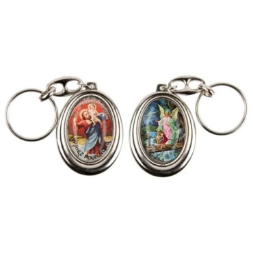 Porte-clés H. 4,5 cm pivotant en métal couleur argentée double résine, plusieurs saints..
