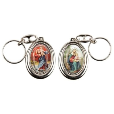 Porte-clés H. 4,5 cm pivotant en métal couleur argentée double résine, plusieurs saints..