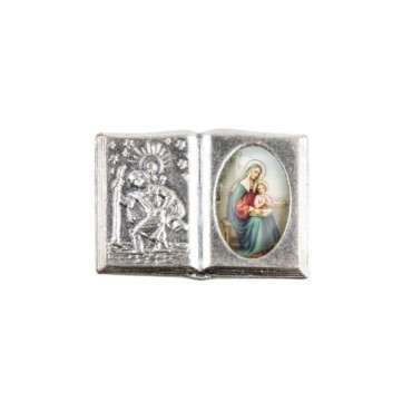 Plaque auto forme livre H. 2,5 x 3,7 cm en metal de saint Christophe avec resine des saints..