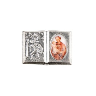 Plaque auto forme livre H. 2,5 x 3,7 cm en metal de saint Christophe avec resine des saints..