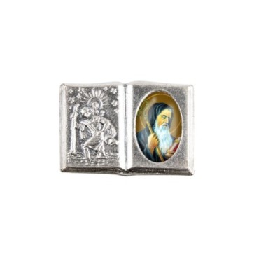 Plaque auto forme livre H. 2,5 x 3,7 cm en metal de saint Christophe avec resine des saints..