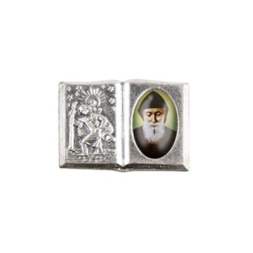 Plaque auto forme livre H. 2,5 x 3,7 cm en metal de saint Christophe avec resine des saints..