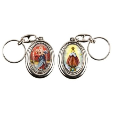 Porte-clés H. 4,5 cm pivotant en métal couleur argentée double résine, plusieurs saints..