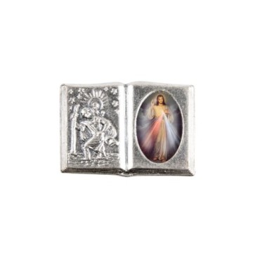 Plaque auto forme livre H. 2,5 x 3,7 cm en metal de saint Christophe avec resine des saints..