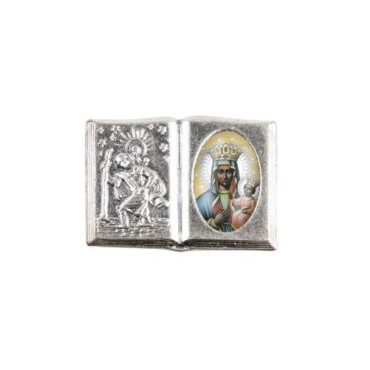 Plaque auto forme livre H. 2,5 x 3,7 cm en metal de saint Christophe avec resine des saints..
