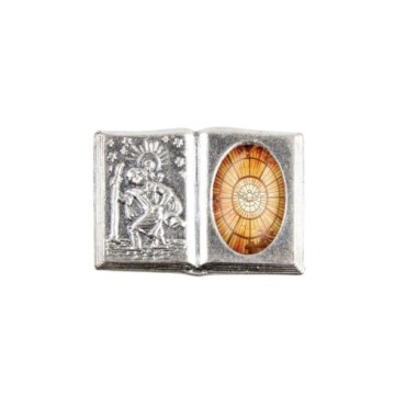 Plaque auto forme livre H. 2,5 x 3,7 cm en metal de saint Christophe avec resine des saints..