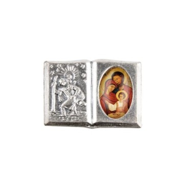 Plaque auto forme livre H. 2,5 x 3,7 cm en metal de saint Christophe avec resine des saints..