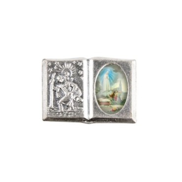 Plaque auto forme livre H. 2,5 x 3,7 cm en metal de saint Christophe avec resine des saints..