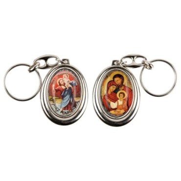 Porte-clés H. 4,5 cm pivotant en métal couleur argentée double résine, plusieurs saints..