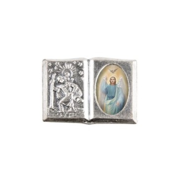 Plaque auto forme livre H. 2,5 x 3,7 cm en metal de saint Christophe avec resine des saints..