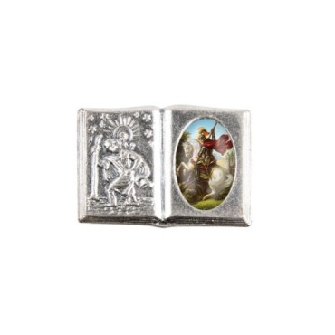 Plaque auto forme livre H. 2,5 x 3,7 cm en metal de saint Christophe avec resine des saints..
