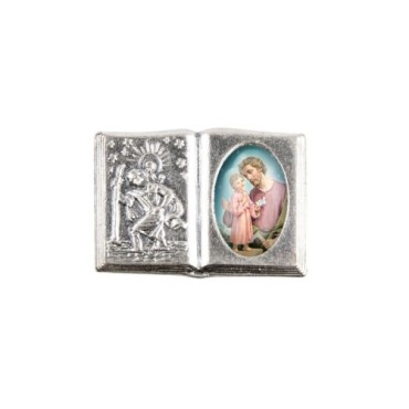 Plaque auto forme livre H. 2,5 x 3,7 cm en metal de saint Christophe avec resine des saints..